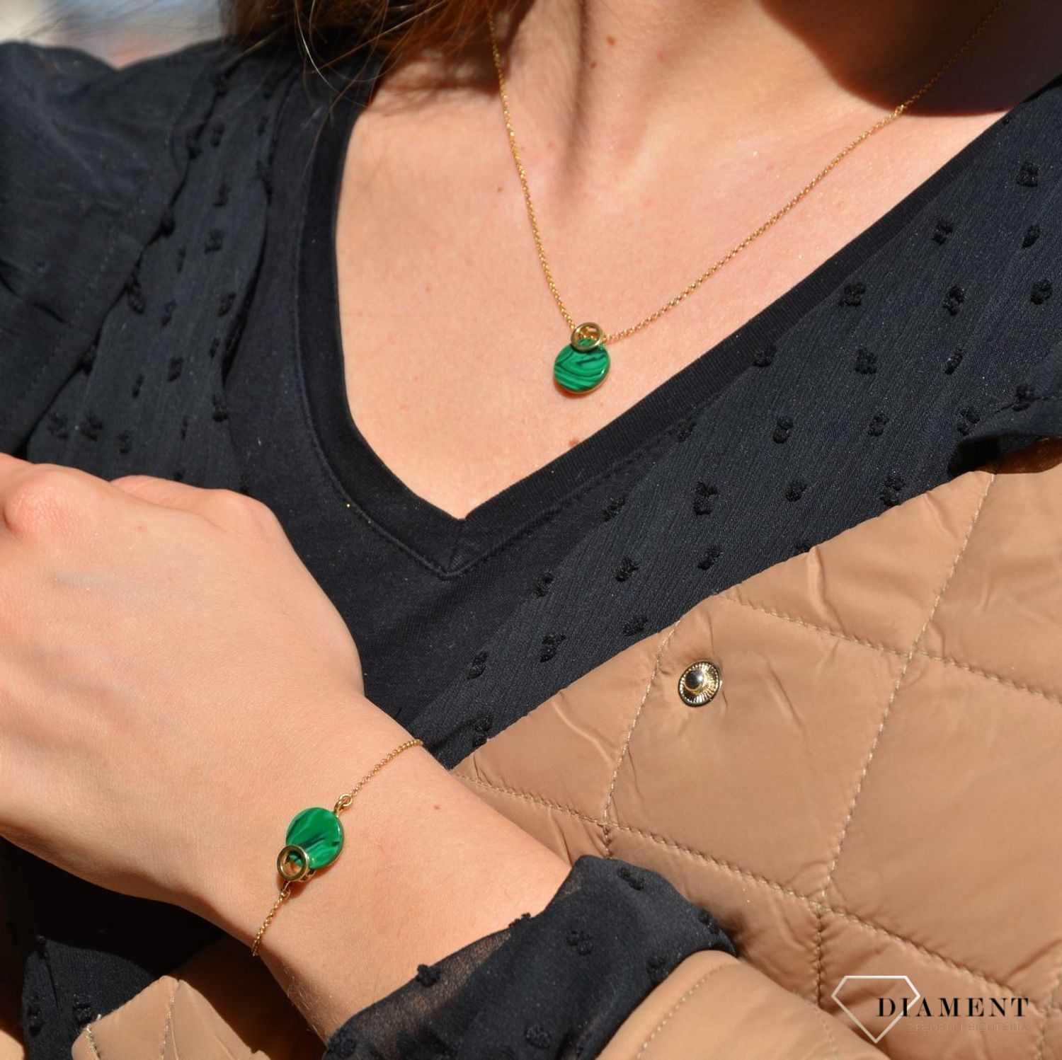 Bransoleta srebrna pozłacana koło z malachitem DZB261MALZ12.jpg